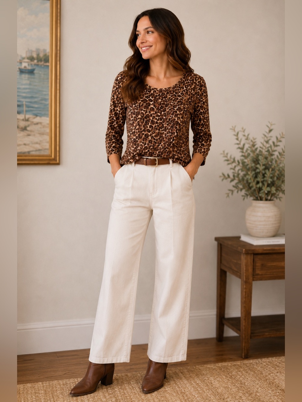 J.McLaughlin Leopard Print Stretch Top | Size Large | 3/4 Sleeve Animal Print